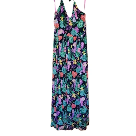 NWT Betsey Johnson Paulina Maxi Dress L Halter Mesh Jungle Print Leopard Formal - Picture 2 of 9